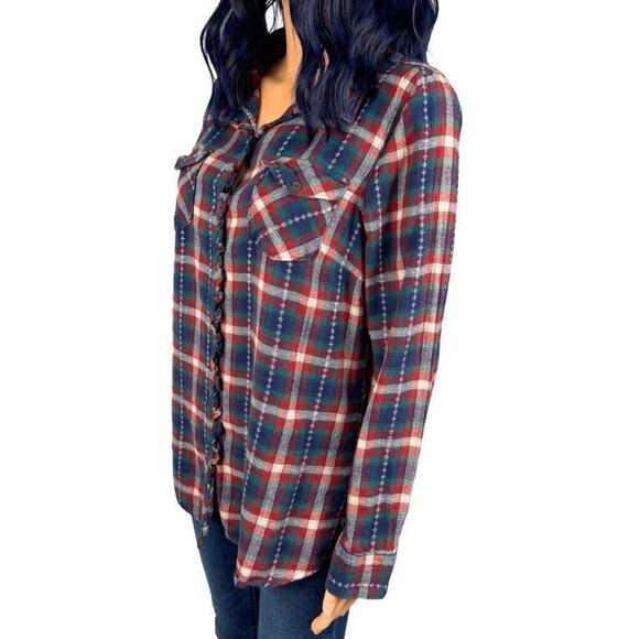 Ruff Hewn Women’s Outdoorsy Plaid Ruffle Button Up Flannel Shirt Size Medium - Picture 4 of 5